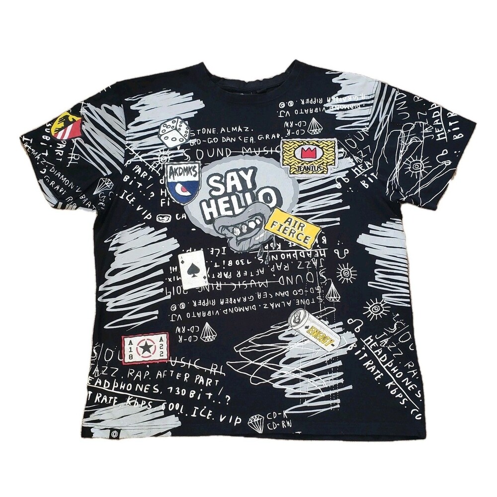 Vintage Y2K Akademiks Say Hello Scribble Size 2XL Mens Black T-Shirt Urban
